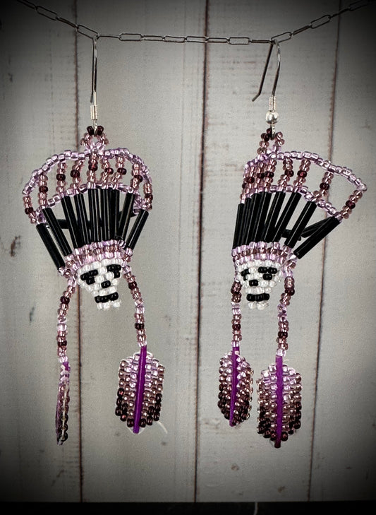 Purple Beaded Skull with Headdress Earrings