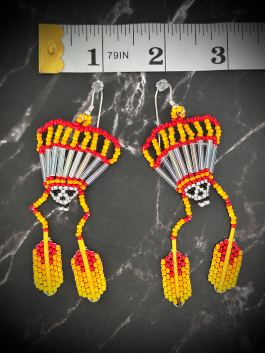 Orange/Yellow/Red Beaded Skull with Headdress Earrings