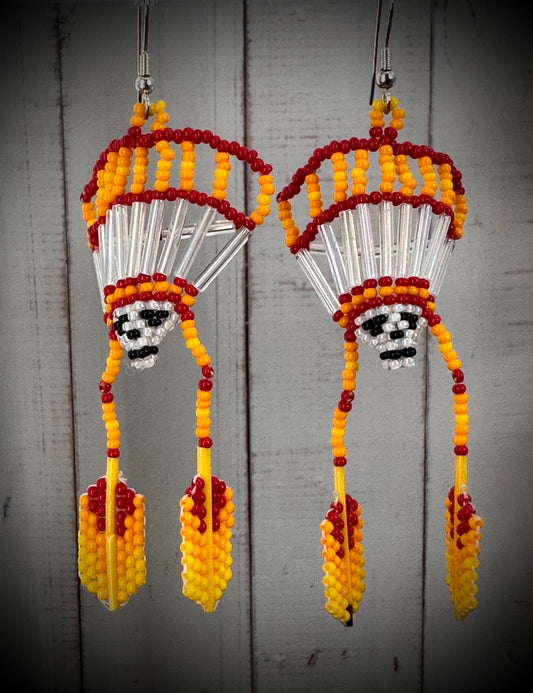 Orange/Yellow/Red Beaded Skull with Headdress Earrings